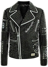 Men's Brando Studded Multi Patches Punk Black Leather Jacket